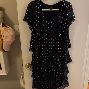 SLNY Asymmetrical Dress in Navy with Gold Details
